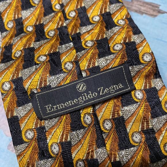 Ermenegildo Zegna 100% Silk Neck Tie Gold Copper Black Print Made In Italy - Picture 8 of 10